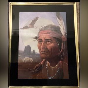 Vintage Native American Indian Reflective Foil Framed Matted Art 8x10